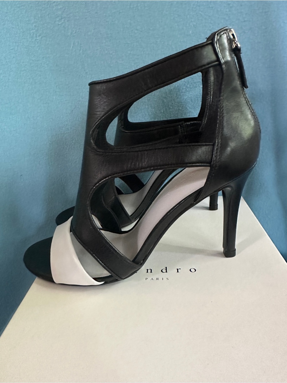 Sandro Paris "Apollinaire" Sandals Black & White Colorblock Leather Heels